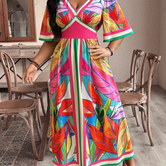 Multicolor Boho Women's Plus Size Vacation Casual Plant Printed High-Waist Long - Picture 5 of 6